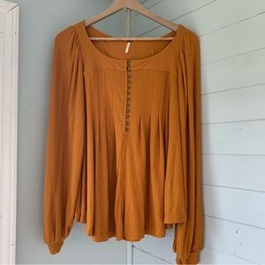 Free People Devan Henley Peasant Blouse Small Long Sleeve Mustard Yellow